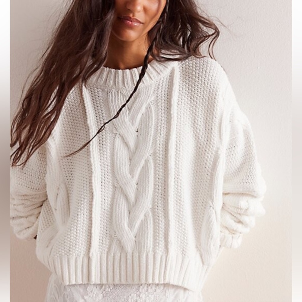 We The Free White Crew Neck Cable Knit Sweater
